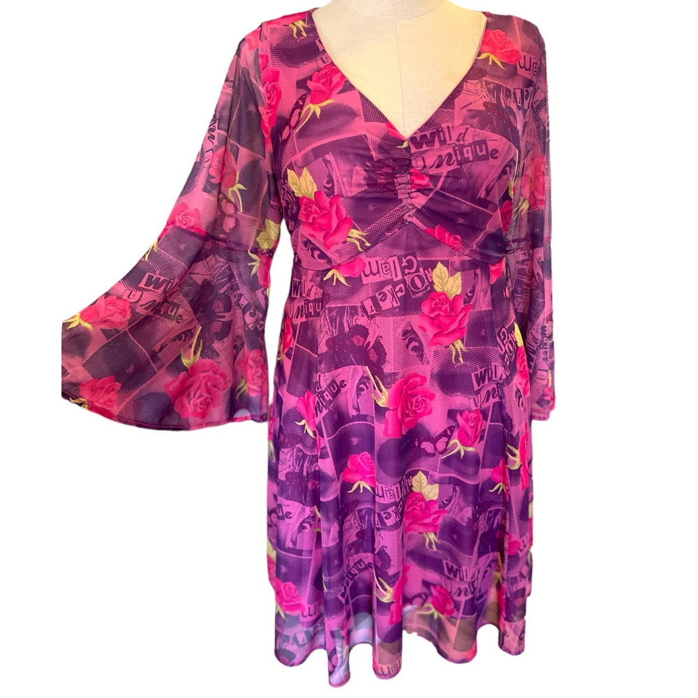 Torrid 3 (3X) Betsey Johnson Mesh Rocker Glam Roses Butterfly Bell Sleeve Dress